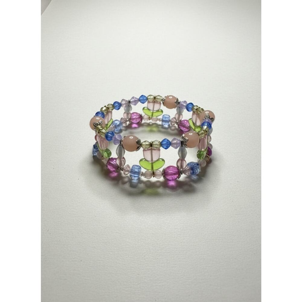 🧚‍♀️ Handmade Glass Bead Tulip Bracelet Double Strand Stretch 5.5–6.5”